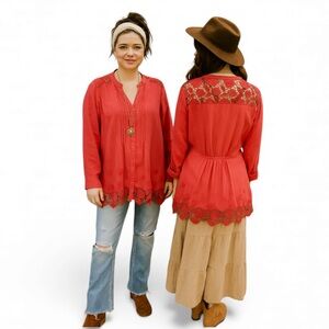 M&S Linen Boho Lace Trim Crochet Blouse Long Sleeve Roll Tab Tunic Top Coral 10